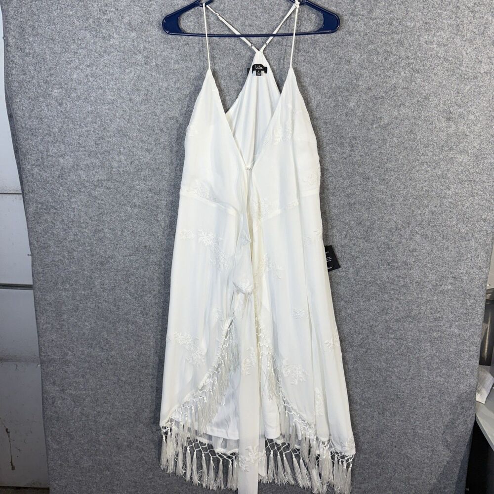 Lulu's White Spaghetti Strap Fringed Bottom Dress Women's Size‎ L NEW